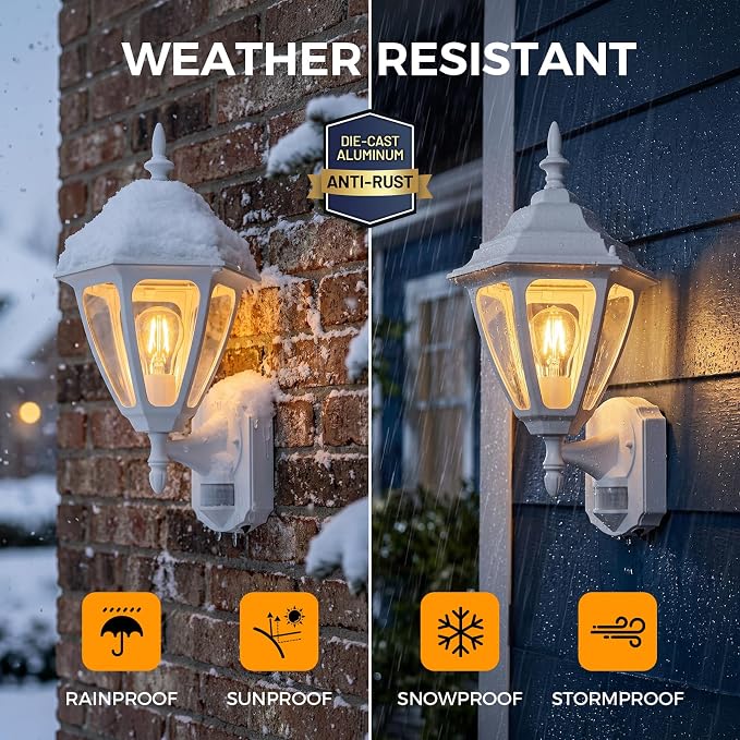 Porch Lights Outdoor Motion Sensor Wall Sconce Anti-Rust Aluminum, Exterior Outdoor Wall Lights Dusk to Dawn Porch Light Fixture Wall Mount for House Outside Patio Large White