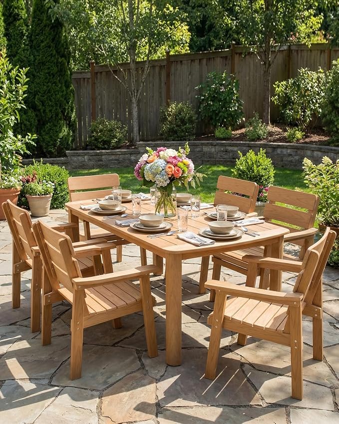 7-Piece Outdoor Dining Set, All-Weather HIPS Patio Table & Chairs for 6, Outdoor Furniture with Umbrella Hole, Ideal for Garden, Poolside, Backyard, Deck, Teak