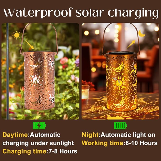 DIBIEECN Birthday Gifts for Women Mom Grandma Wife, Solar Lanterns Outdoor Waterproof, Metal Hanging Lights Garden Decor, LED Decorative Lantern for Patio Porch Backyard, Sun and Moon, 1 Pack