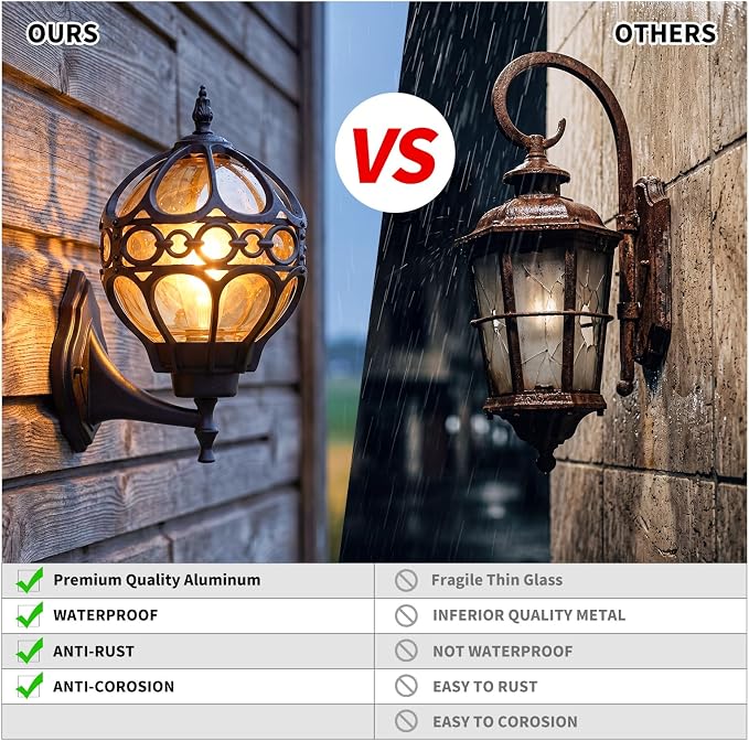 Black Globe Outdoor Wall Lights, Round Exterior Wall Sconce for Patio, Porch, Garage, Anti-Rust Aluminum Wall Mount Lighting Fixture, Classic Wall Lantern with Ornate Cage & Amber Glass, E26 Base
