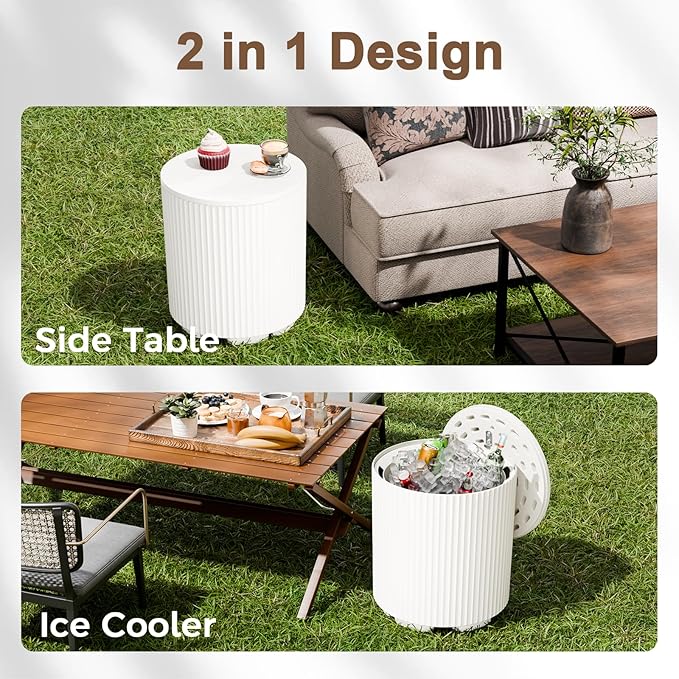 Outdoor Cooler Side Table Set of 2, 2-in-1 Ice Chest Cool Side Table with Storage, Removable Lid, Patio Cooler Table for Poolside, Deck, Beach,White