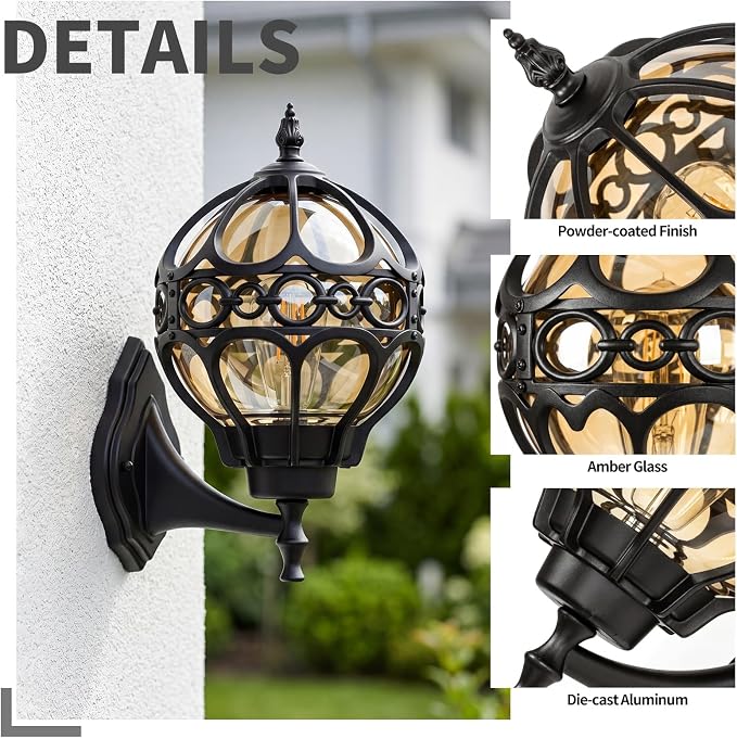 Black Globe Outdoor Wall Lights, Round Exterior Wall Sconce for Patio, Porch, Garage, Anti-Rust Aluminum Wall Mount Lighting Fixture, Classic Wall Lantern with Ornate Cage & Amber Glass, E26 Base