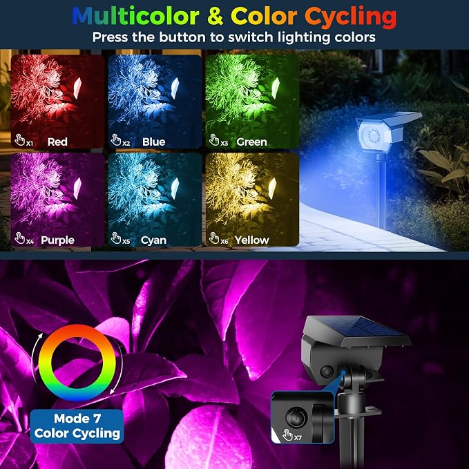 Solar Spot Lights Outdoor Color Changing, Halloween RGB Spotlights | 1 Pack/7 Modes, Waterproof, Solar Powered, Landscaping, Lighting for Outside Pathway Yard Wall Garden Walkway