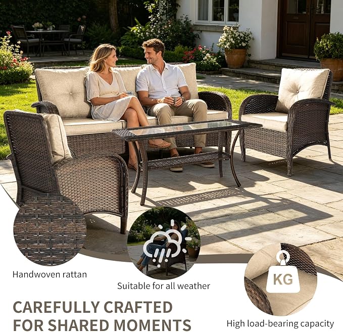 Outdoor Swivel Rocker Patio Chairs (Brown Wicker/Khaki Cushion, 4PC/Sofa & Chair &Coffee Table)