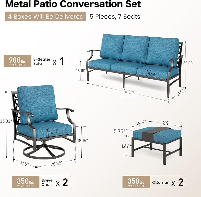 SUNSHINE VALLEY 5 Piece Metal Outdoor Patio Furniture Set, Patio Conversation Sets 3-seater Sofa, 2 Swivel Chairs, 2 Ottomans with 5.75" Thick Cushion, Black All-weather Backyard Furniture Set, Blue-2