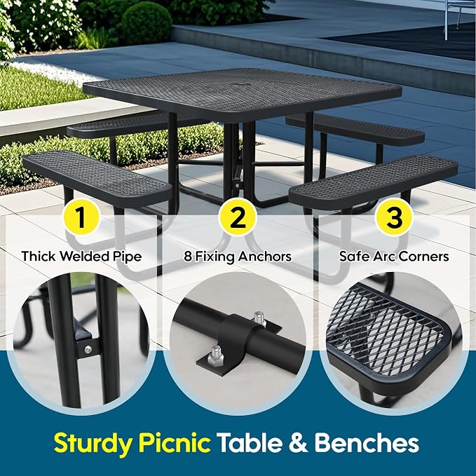 46" Square Picnic Table for Outside,Heavy Duty Metal Picnic Table Bench Set with 2in Umbrella Hole, 1600 lb Capacity,Commercial Dining Table Furniture for Garden Yard Patio Party Coffee Shop