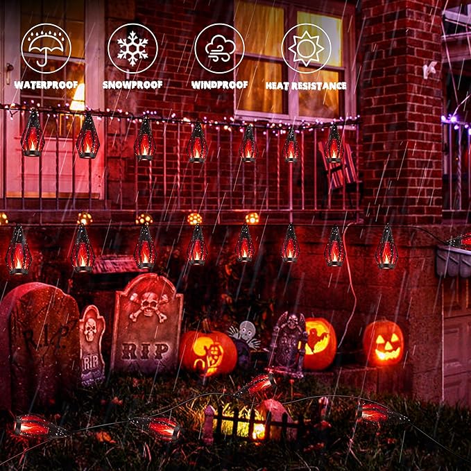 iBaycon 42FT 15 LED Solar Flame Halloween String Lights Outdoor, Red | Ultra-Real Flickering Flame Lamp Outdoor Waterproof, Solar Patio String Lights for Garden Yard Lawn Halloween Decorations