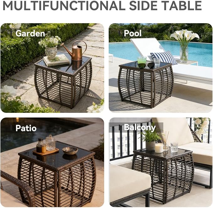 Square Outdoor Side Table - Patio Rattan End Table with Glass Tabletop, Wicker Outdoor Fashionable Coffee Table for Garden, Backyard, Porch, Black Gold
