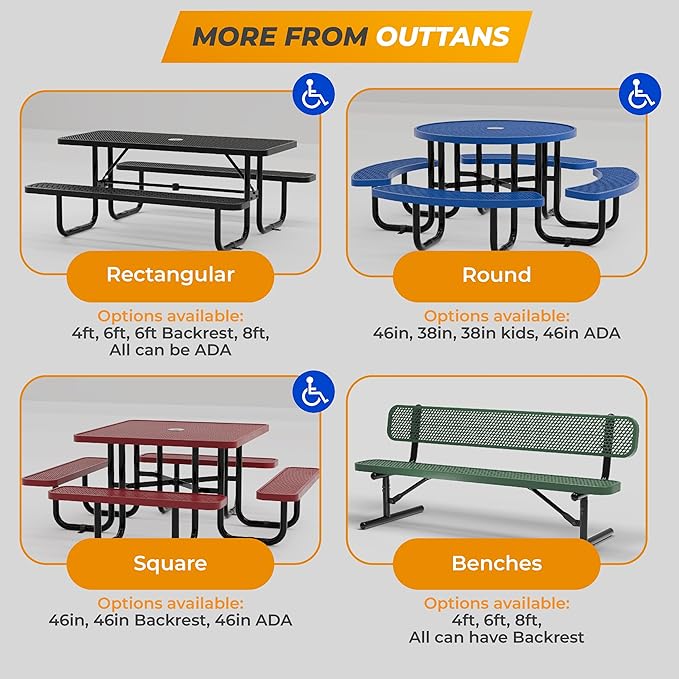 Metal Picnic Tables for Outdoors with Umbrella Hole - Coated Steel Heavy Duty Commercial Grade Furniture (Brown, 46 in, Square, Expanded Steel)