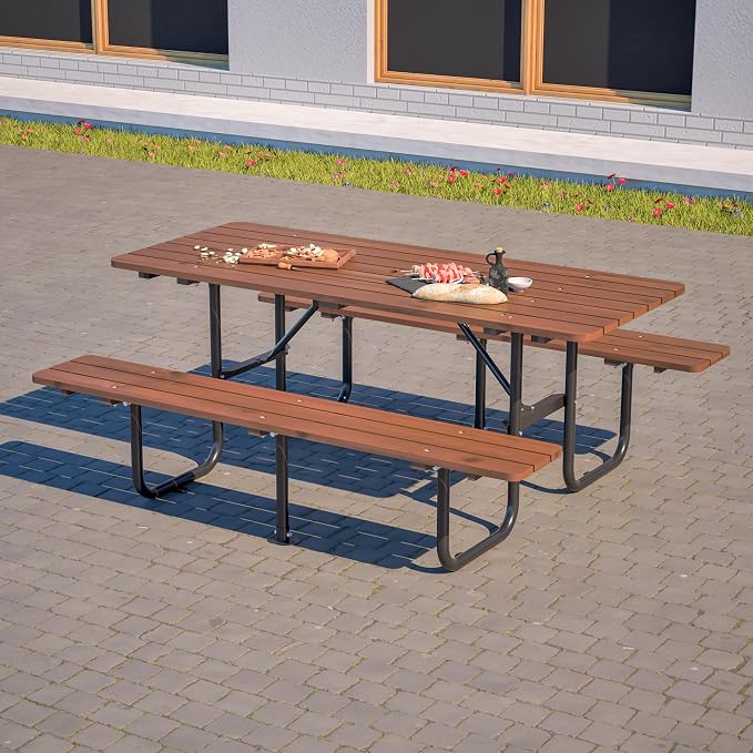 72" Rectangular Outdoor Picnic Table - 6 Person Brown Wooden Dining Set with Built-in Benches, Ideal for Garden BBQ & Courtyards