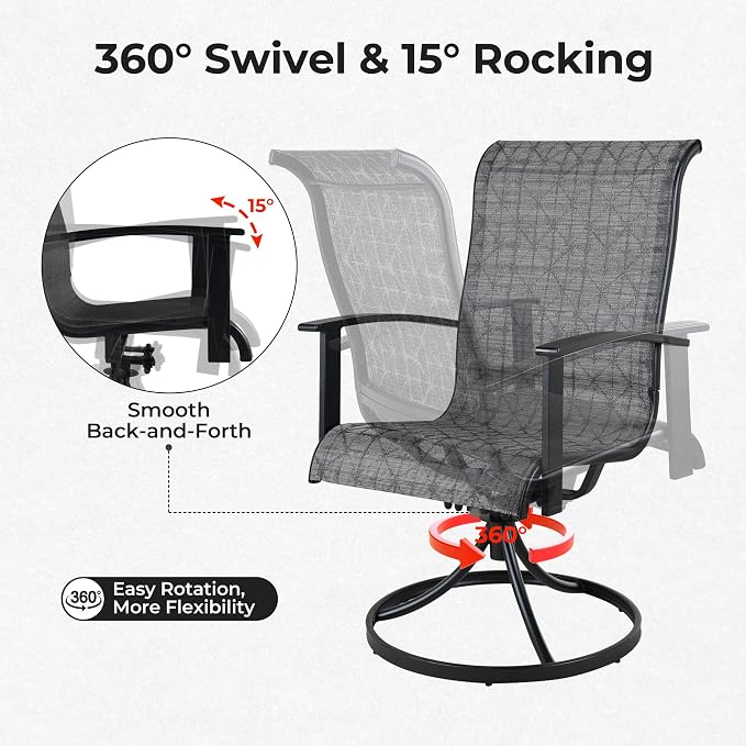 Grand patio 5-Piece Outdoor Dining Set for 4, Patio Dining Set with Swivel Patio Chairs & 1 Square Woodgrain Dining Table with Umbrella Hole, Black & Grey Plaid