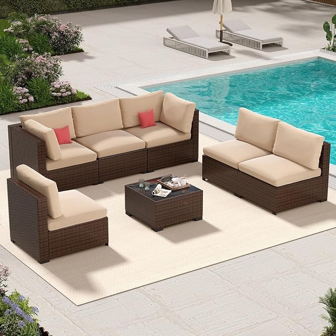 8-Piece Outdoor Wicker Patio Furniture Set with Sectional Rattan Sofa and Coffee Table Thick Cushions for Backyard Lounge(Gray 2)