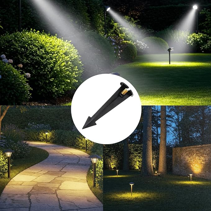 8" Outdoor Light Stake in Black Finish - Support Light Fixture Spikes, Universal Use, Resin Materials, Side Wireway (2 - Large Spike with Brass Wireway)