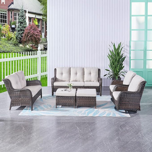 HUMMUH 6 Piece Patio Furniture Set PE Wicker Rattan 3-Seat Outdoor Sectional Sofa with Love Seats,Patio Swivel Chairs,Ottomans Conversation Sets for Garden, Poolside, Backyard