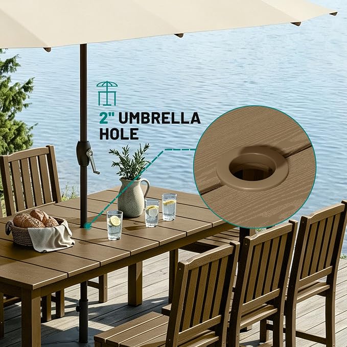 PLUUV 7-Piece Outdoor Dining Set – HDPE Patio Furniture with Umbrella Hole Table, Aluminum Legs, and 6 Armless Chairs, Weatherproof & Easy-Clean for Backyard, Garden, Brown