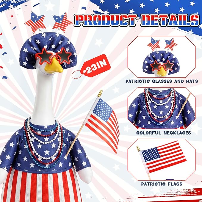 4th of July Porch Goose Outfit American Flag Goose Dress 250th Anniversary Red White and Blue Clothes with Star Headband Costume, Veterans Day Patriotic Yard Decor for 23" Gooses Statue