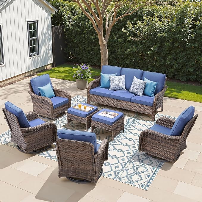 7 PCS Patio Furniture Set, Outdoor Wicker Sofa & 4 Swivel Rocking Chairs with 2 Ottomans, 4-Inch Thick Olefin Cushions, 300 lbs Capacity Rattan Conversation Set for Porch, Blue