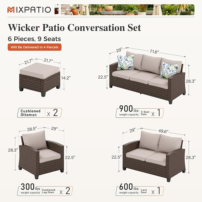 MIXPATIO Patio Furniture Set, 6 Pcs Wicker Outdoor Conversation Set, 2 x Leg Chairs, 1 x 3 Seater Sofa, 1 x 2-Seat Lover Sofa and 2 x Ottomans with 4" Thick Cushion for Garden Backyard Deck, Beige