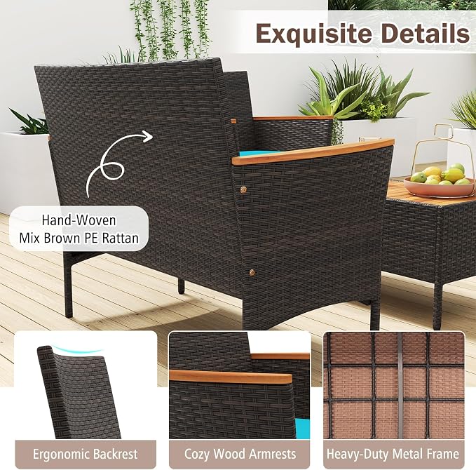 Tangkula 4 Pieces Patio Wicker Sofa Set, 2 Rattan Chairs & Loveseat w/Coffee Table, Acacia Wood Armrests & Tabletop, Outdoor Cushioned Conversation Set for Backyard, Poolside (Turquoise, 4 Pieces)