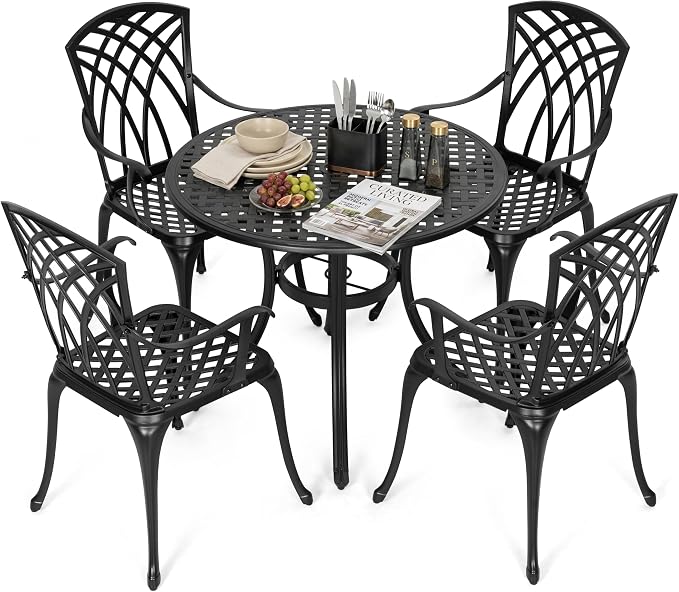 NUU GARDEN 5-Piece Outdoor Dining Set, 33" Cast Aluminum Dining Table with Umbrella Hole and 4 Cast Aluminum Chairs, Patio Table and Chair Set, Patio Dining Set for Poolside Deck Yard Balcony, Black