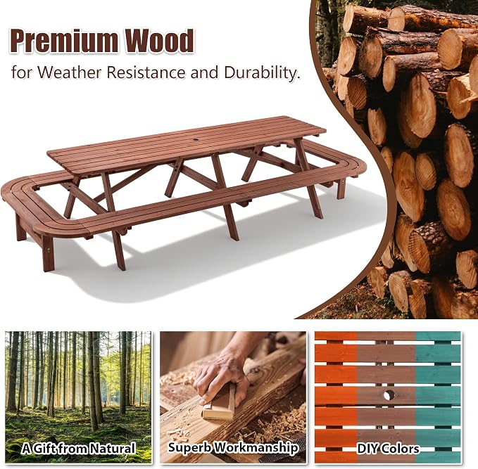 Hohuqeri Picnic Table Bench Set for 16 Persons, 8FT Large Camping Table, Wood Outdoor Dining Beer Table Set with 2” Umbrella Hole for Patio Lawn Garden (Brown)