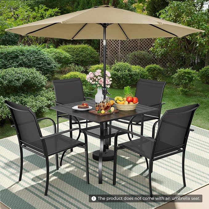 Incbruce 6 Pieces Patio Dining Set with Brown Umbrella, Outdoor Dining Set of 4 Textilene Chairs and Square Table with Umbrella Hole for Backyard, Garden, and Poolside (Black)