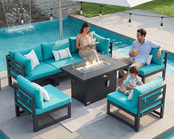 RADIATA 6 Person Large Modern Aluminum Outdoor Patio Furniture Set with Fireplace, 29" Wide Deep Seating, L Shaped Combo Sectional Couch, Water Resistant Conversation Set for Backyard Terrace, Teal