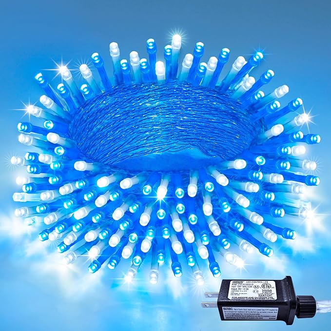JMEXSUSS Connectable 100 LED Blue and White Christmas Lights with 8 Modes | Twinkle String Lights Indoor, Clear Wire Plug-in Christmas String Lights Outdoor Waterproof for Christmas Decor