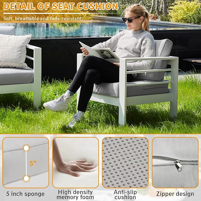 Aluminum Patio Furniture Set, Single Chair Outdoor Set with 5 Inch Cushions, Patio Sofa Sets with Waterproof Covers for Backyard Garden(White)