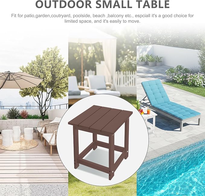 LZRS Patio End Table, Heavy Duty HDPE Outdoor Coffee Table with Wood Texture, Weatherproof Composite Table for Adirondack Chairs, Deck, Pool, Indoor/Outdoor, No Peeling or Cracking(Brown)
