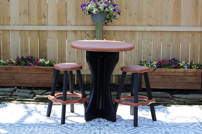 Patio Table Set with Two Barstools - Black Base with Redwood Accents - Perfect for Patio and Outdoor Spaces. Hardware Free Easy Assembly. Proudly Made in USA