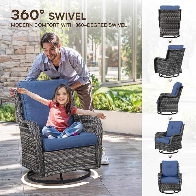 Patio Loveseat Glider Set, Resin Wicker Loveseat Glider with 4 Swivel Patio Chiars Coffee Table 2 Side Table, 8 Piece Patio Conversation Loveseat Set, Grey Wicker|Blue Cushions