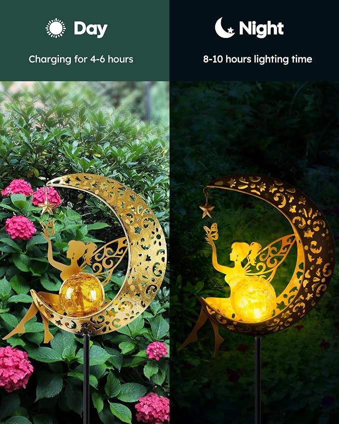 Vuees Solar Fairy Moon Garden Stake Light, Outdoor Yard Patio Decor Gift | Auto dusk glow; no wiring; rust-resistant metal; warm patterned reflections; pathway, lawn and backyard accent