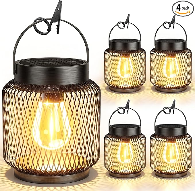 KOOPER Metal Solar Lanterns Outdoor Waterproof, 4 Pack Brighter Hanging Solar Lights for Outside, Up to 15 Hours Modern Hanging Solar Powered Lanterns Lights for Yard Patio Path Tree Garden Decorative