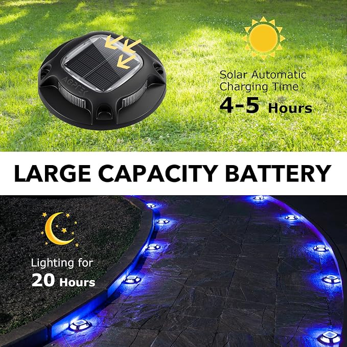 AGPTEK Solar Driveway Lights Outdoor 12 Pack, 2 Color Modes LED Deck Dock | Marine Waterproof Driveway Marker Lights for Step Sidewalk Stair Garden Pathway Walkway Yard (Blue Light/Cool White, Black)