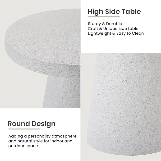 HOMPUS Outdoor Side Table Large, Concrete Side Table Faux Stone Cone Shaped, Patio Round Accent Table, Lightweight MgO Tall Coffee Table Garden Tool for Home Decor, Porch and Deck, Spotted White