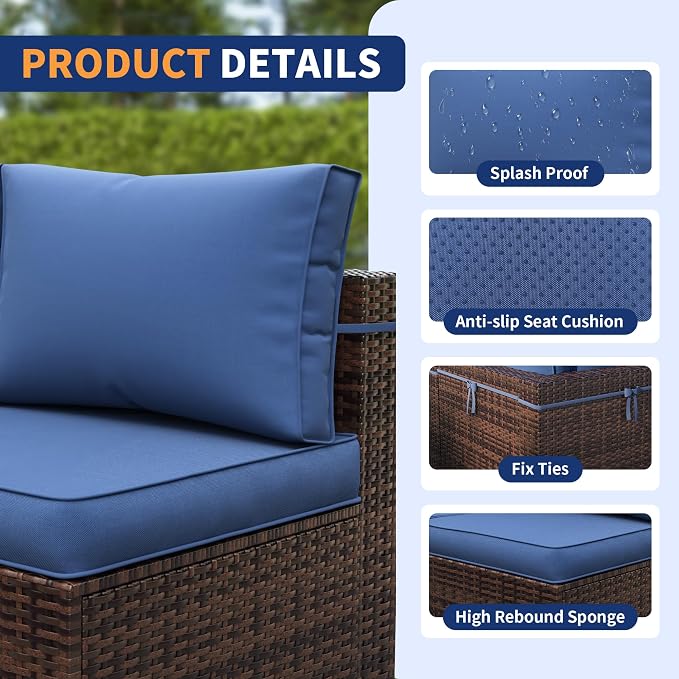 Patio Furniture Set, Modular 10-Piece Patio Conversation Sets with Coffee Table, All-Weather Wicker Outdoor Sectional for Backyard and Balcony, Navy (Waterproof Covers Included)