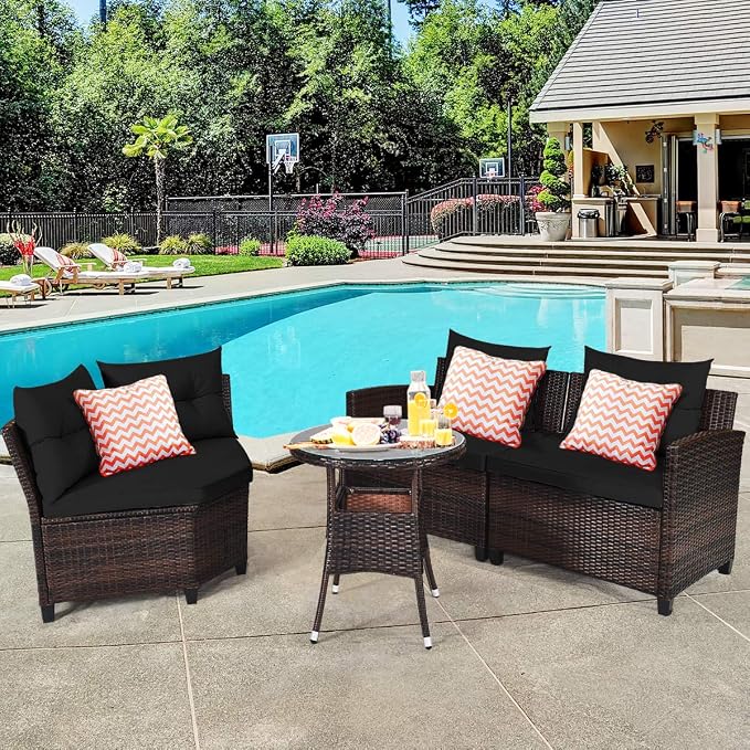 Tangkula 4-Piece C Shape Patio Furniture Set, Outdoor Corner Wicker Rattan Sectional Cushioned Sofa Set, with Glass Coffee Table, for Garden Poolside Balcony (Black)