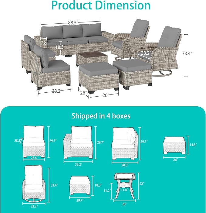 11-Piece Outdoor Patio Furniture Set with Rocking Swivel Chair Wicker Sectional Sofa Set, Patio Conversation Set with Ottomans & Chunky Arms for Garden, Backyard, Poolside, Grey