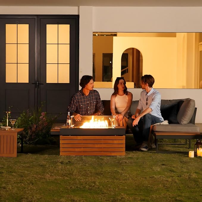 homary 4-Piece Modular Teak Outdoor Sofa Set,Weather-Resistant Patio Furniture with Smokeless Fire Pit, Waterproof Cushions, Modern Sectional for Garden, Deck & Backyard