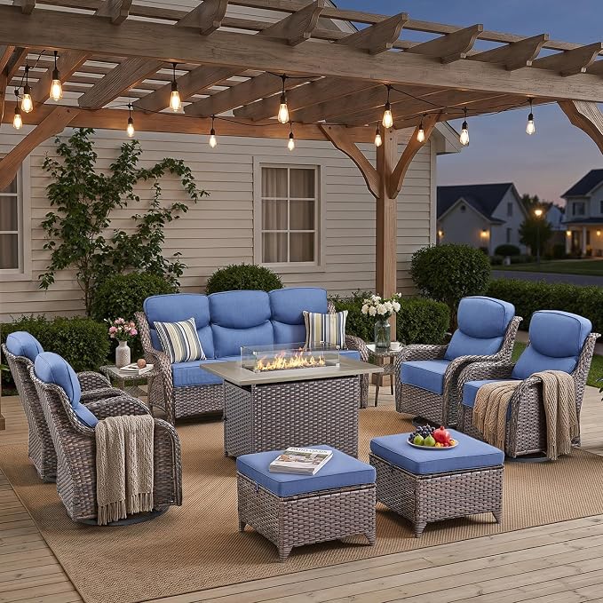 Luxury Patio Furniture Set with 42.5" Fire Pit Table, 10 Pieces High Back All Weather Wicker Outdoor Furniture w/ 6-Inch Thick Cushions, Patio Swivel Chairs Couch for Deck Balcony Backyard Brown/Blue