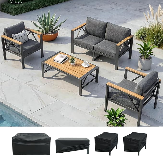 INGEROOM 4 Piece Aluminum Outdoor Patio Furniture Set with Waterproof Cover, 4-Seat Patio Conversation Sets with Coffee Table, Outdoor Sectional Furniture Set for Porch, Balcony, Deck, Dark Gray
