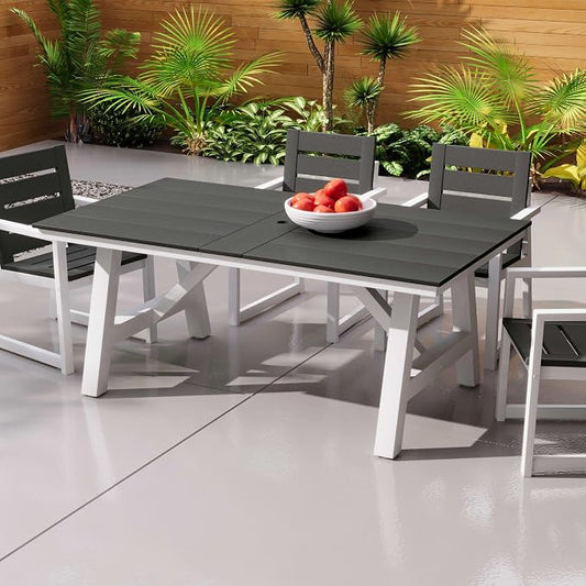 Costaelm Outdoor Dining Tables for Patio, 72" Rectangle 6-Person HDPE Dining Table with Umbrella Hole and Metal Frame for Outside, Garden, Poolside, Backyard, Porch, Balcony, Gray