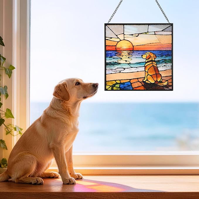 Stained Glass Window Hanging, 7.8 in Sun Catcher Glass Panel Boho Wall Art Decor with Chain Diamond Glass Panel Hangings Scenery Sun Catchers Decor for Birthday for Lover Couple Mom (Dog)