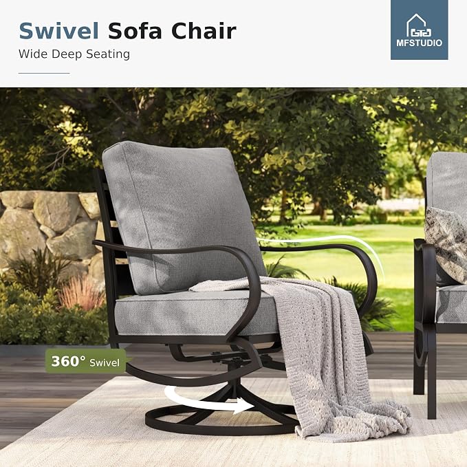 MFSTUDIO 5 Pieces Patio Conversation Sets,Outdoor Metal Furniture Sofas with 1 x 3-Seat Sofa, 2 x Swivel Chairs,2 x Ottoman,Wrought Iron Frame with Grey Cushion for Patio Courtyard Balcony