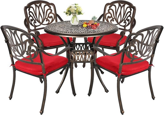 TITIMO 5-Piece Cast Aluminum Outdoor Patio Dining Set, 4 Pattern Chairs and 35.4" Round Table,Cast Aluminum Conversation Set with 2.2” Umbrella Hole 1 Round Table and 4 Chairs with Cushions (Red)
