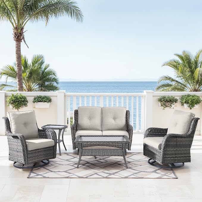Patio Loveseat Glider Set, Resin Wicker Loveseat Glider with 2 Swivel Patio Chiars Coffee Table and Side Table, 5 Piece Patio Furniture Set Loveseat Set, Grey Wicker|Grey Cushions