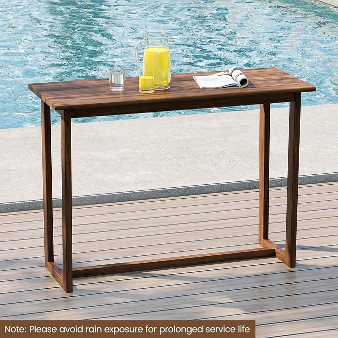 Tangkula 59 Inch Outdoor Bar Table, Teak Wood Rectangle Patio Bar Height Pub Table with Slatted Top, for Balcony, Garden and Poolside