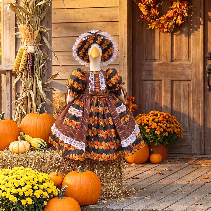 Suzile Fall Maple Porch Goose Outfit Autumn Goose Clothes for 23 in Cement or Plastic Geese Costume for Yard Lawn Outdoor Garden Patio Duck Dresses Statue Autumn Harvest Thanksgiving Party Decor