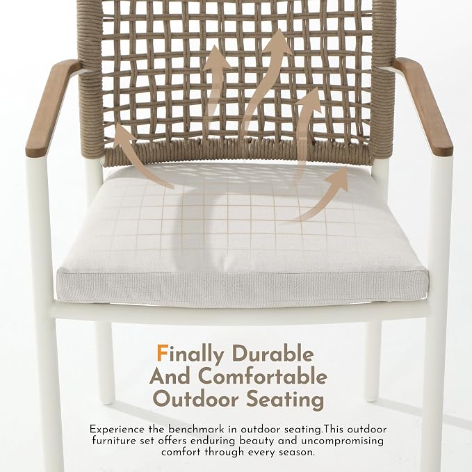 Modern Shade Riviera Outdoor Dining Chairs Set of 2, Fade Resistant, All-Aluminum Woven Rope Outdoor Chairs with FSC Teak Wood Armrests, Weather-Resistant Patio Chair with Quick Dry Cushion, Beige